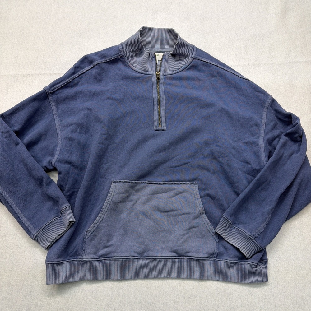 Aerie Pullover Sweatshirt  1/4 Zip‎ Blue Long Sleeve Women's size L Distressed